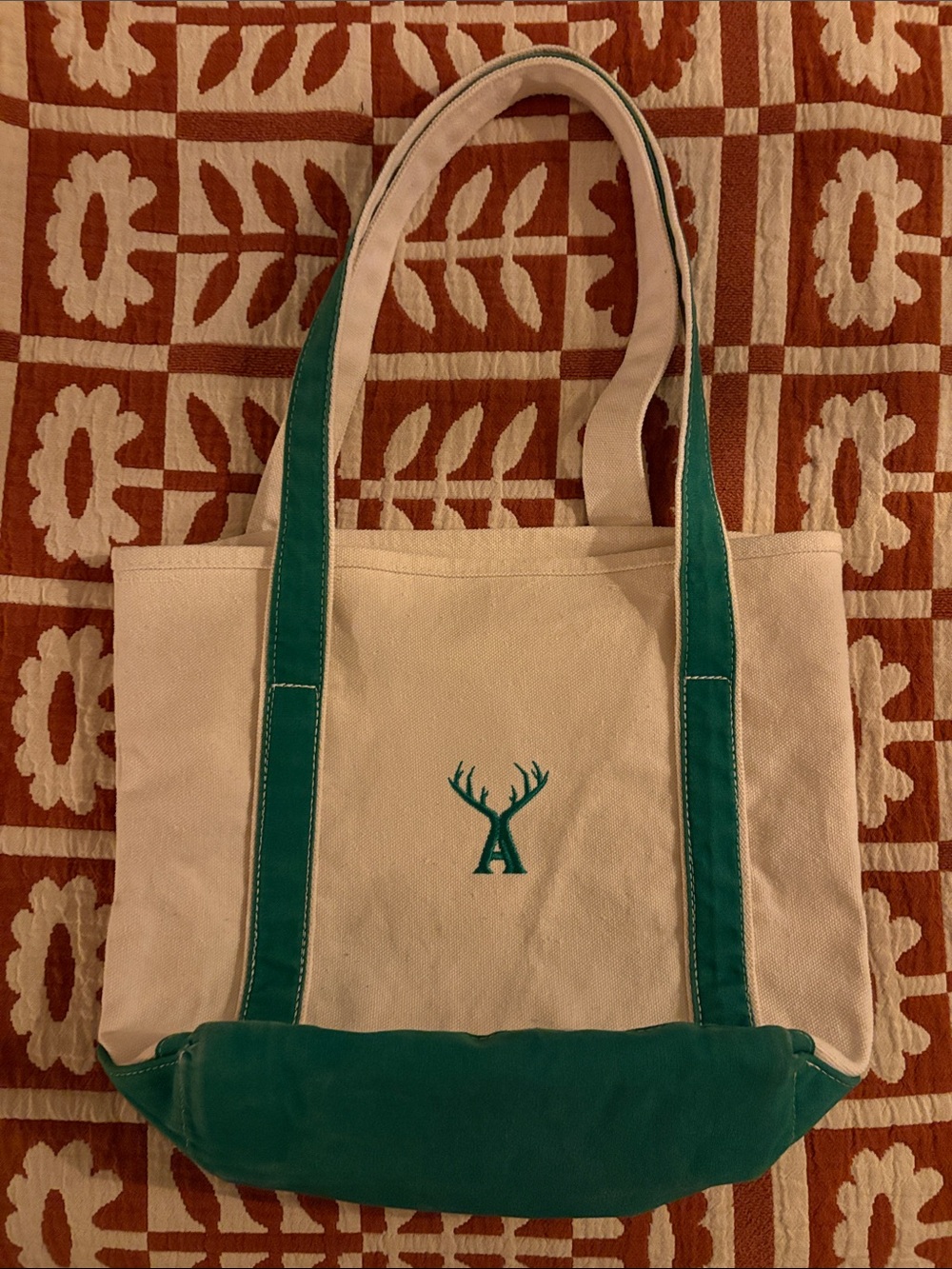 Alfred Cream Canvas Small Tote with Green Accents